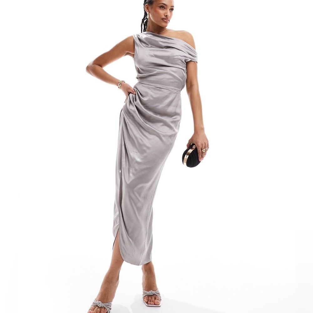 & Other Stories Gray Cowl Split Front Blouson Midi Cocktail Dress